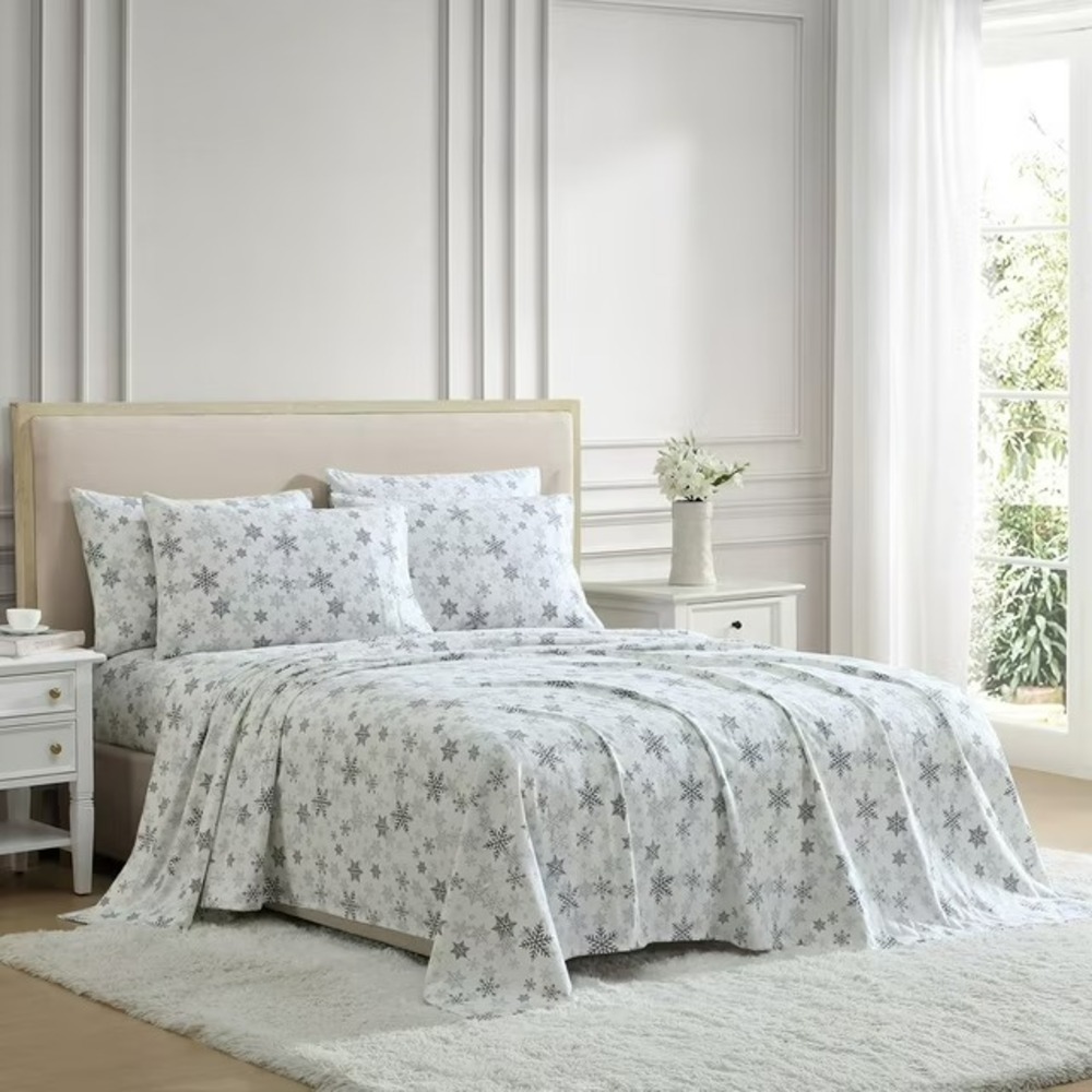 Lenox 6 Piece Flannel Sheet Set Queen Snow Day White Grey Snowflake 100% Cotton